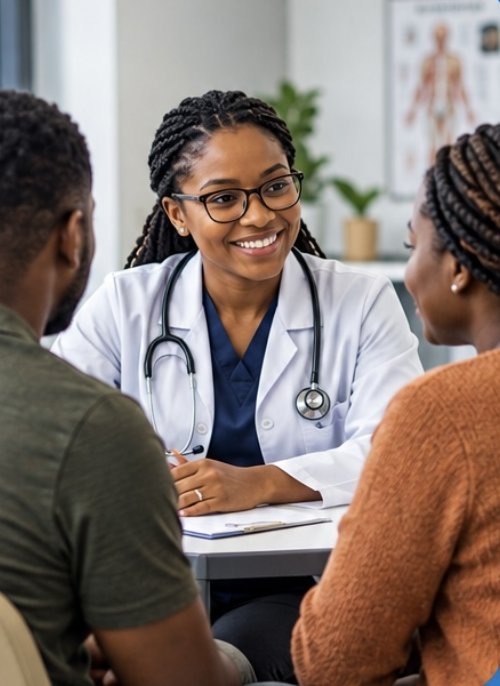 A doctor talking with a couple during a consultation